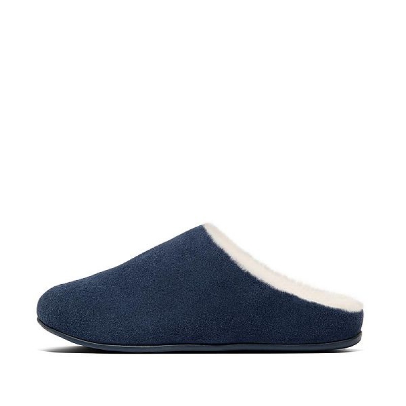 Women\'s FitFlop Chrissie Shearling Suede Slippers Navy | 670MRTJZH