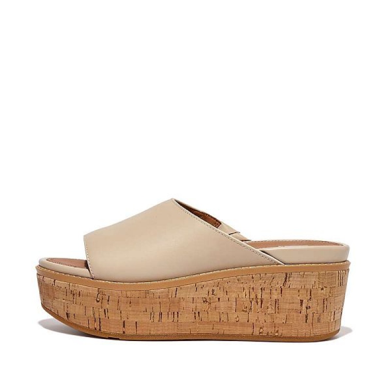 Women\'s FitFlop Eloise Cork-Wrap Leather Wedge Slides Grey / Beige | 418MOFYNB