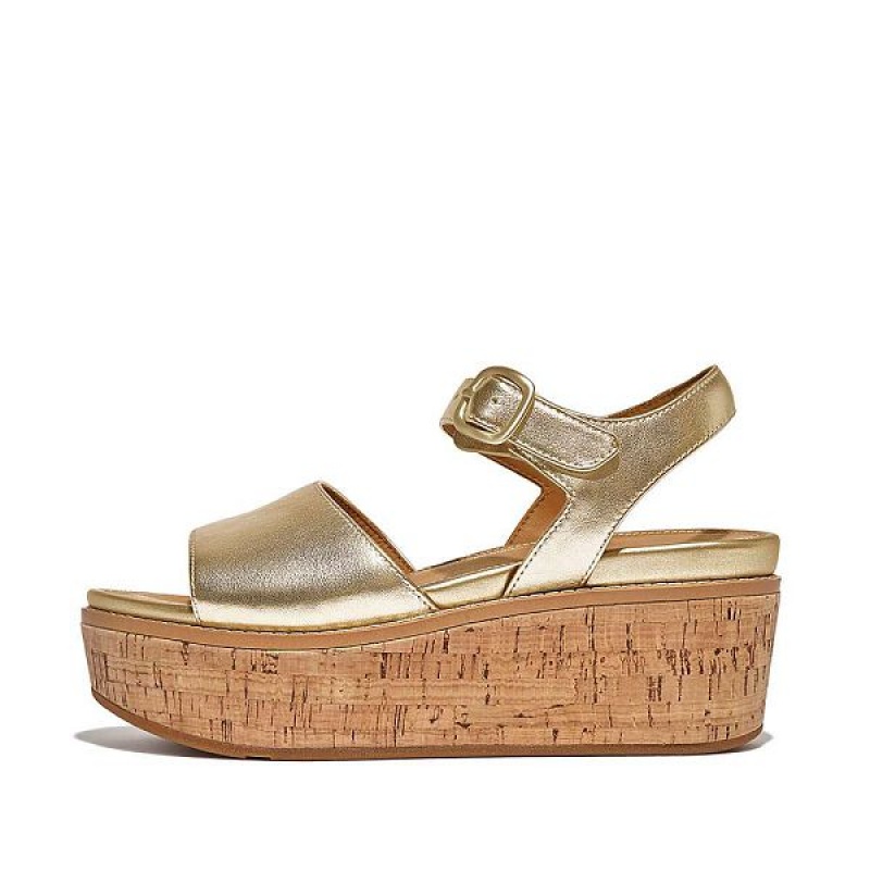 Women\'s FitFlop Eloise Cork-Wrap Metallic Leather Back-Strap Wedge Sandals Brown / Gold | 908GBWDYI