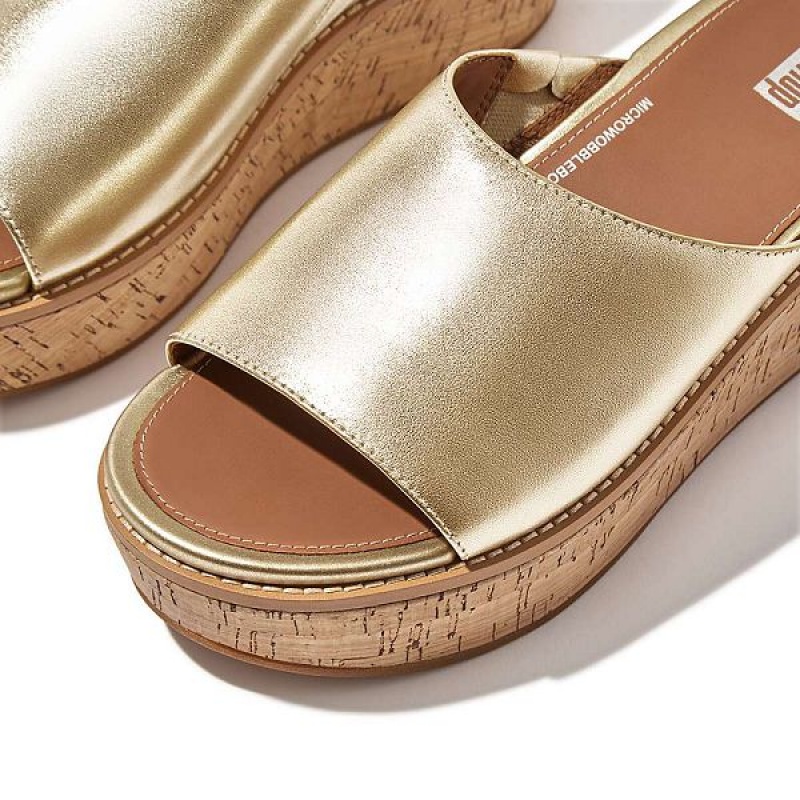 Women's FitFlop Eloise Cork-Wrap Metallic Leather Wedge Slides Brown / Gold | 031RMYVUB