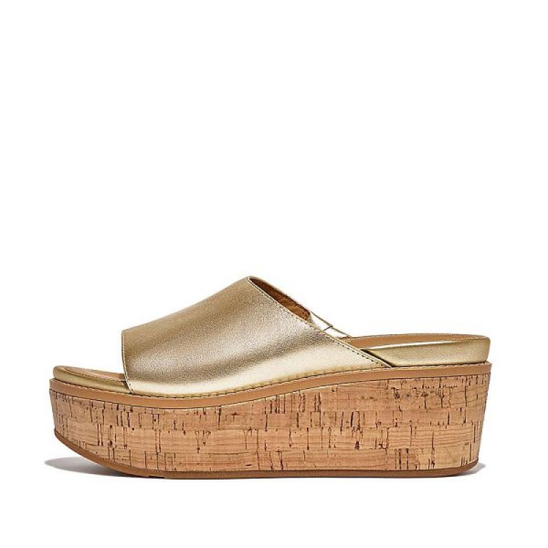 Women\'s FitFlop Eloise Cork-Wrap Metallic Leather Wedge Slides Brown / Gold | 031RMYVUB