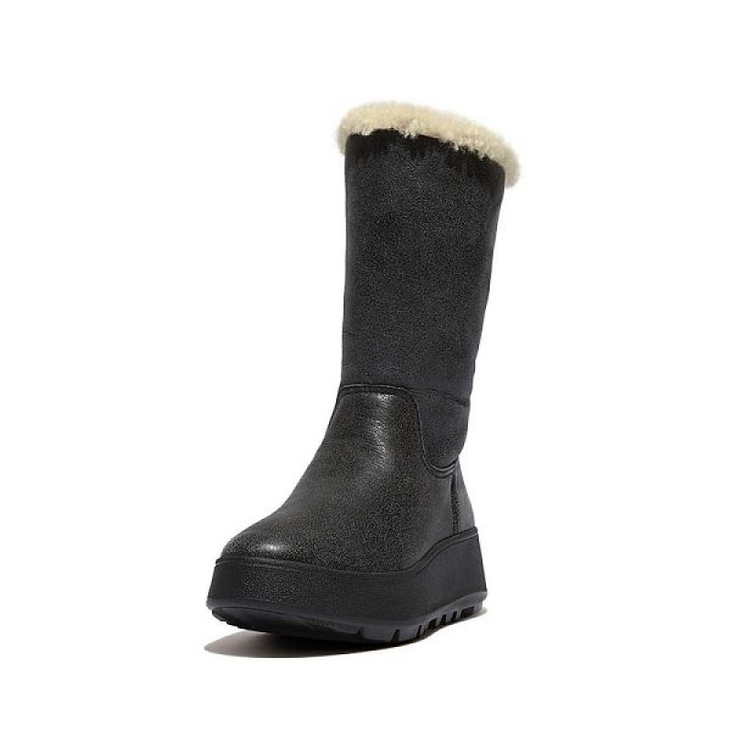 Women's FitFlop F-Mode Double Faced Shearling Leather Flatform Calf Boots Black | 730JQLVAF