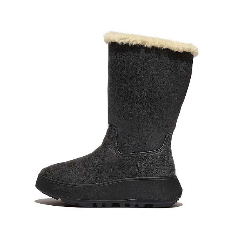 Women\'s FitFlop F-Mode Double Faced Shearling Leather Flatform Calf Boots Black | 730JQLVAF