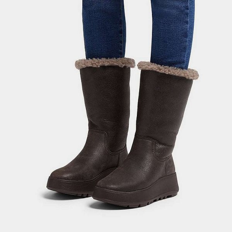 Women's FitFlop F-Mode Double Faced Shearling Leather Flatform Calf Boots Chocolate | 259RWJFUY