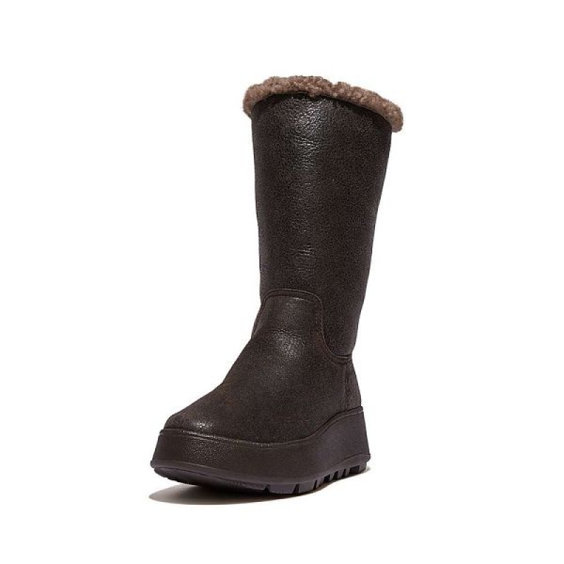 Women's FitFlop F-Mode Double Faced Shearling Leather Flatform Calf Boots Chocolate | 259RWJFUY