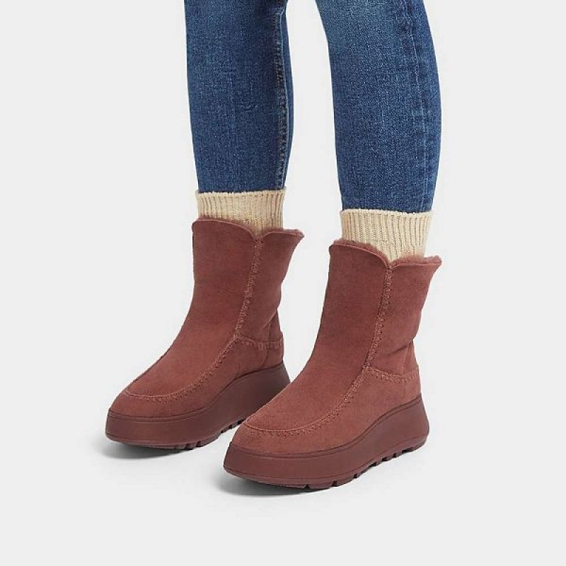 Women's FitFlop F-Mode Double Faced Shearling Flatform Boots Brown | 802FVQSAZ