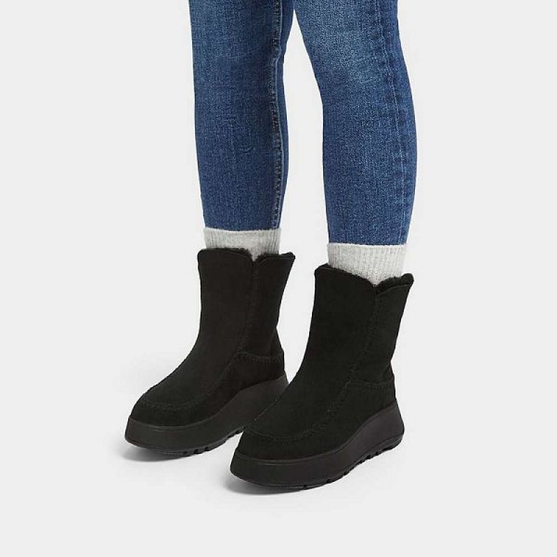 Women's FitFlop F-Mode Double Faced Shearling Flatform Boots Black | 491ESRTWG