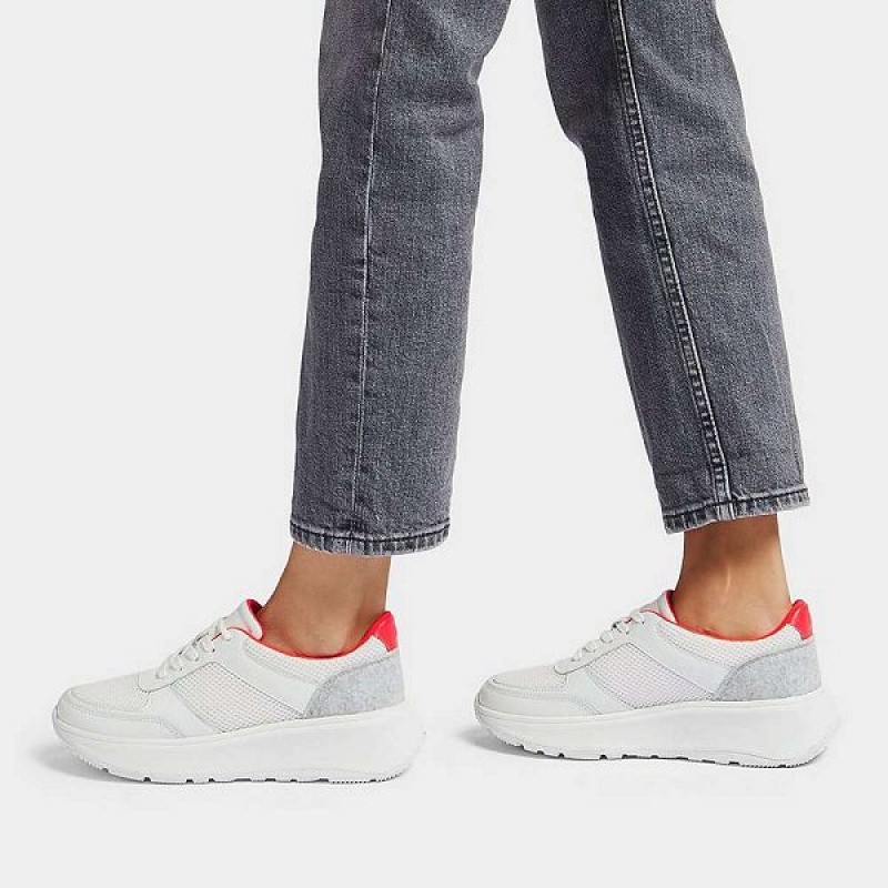 Women's FitFlop F-Mode E01 Leather-Mix Flatform Sneakers White | 695CAUOKM