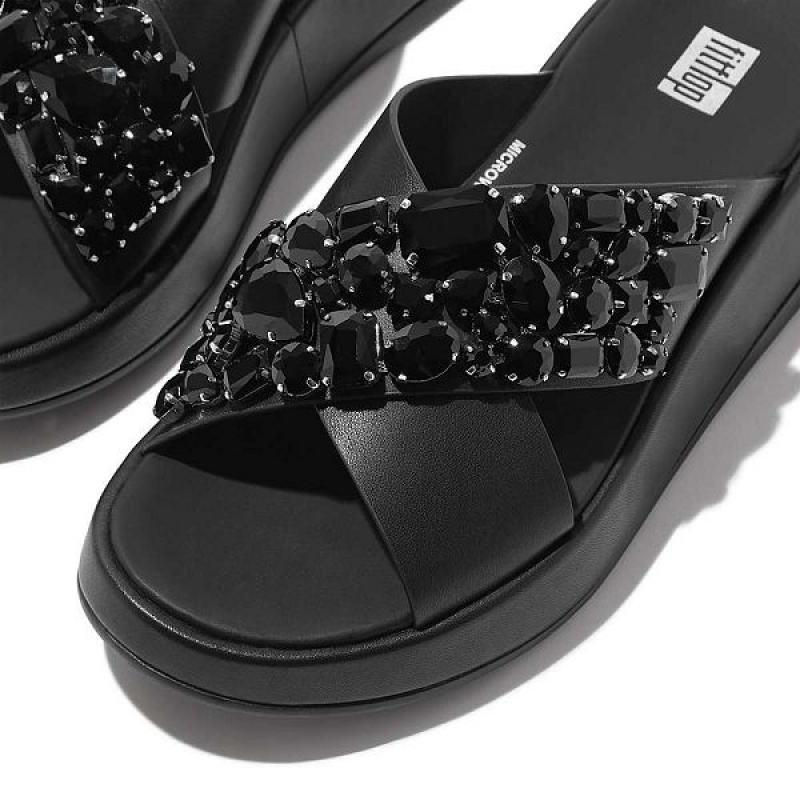 Women's FitFlop F-Mode Jewel Deluxe Leather Flatform Cross Slides Black | 907COQFYV