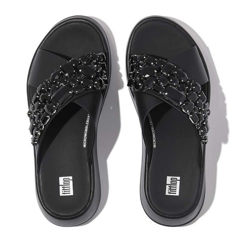 Women's FitFlop F-Mode Jewel Deluxe Leather Flatform Cross Slides Black | 907COQFYV