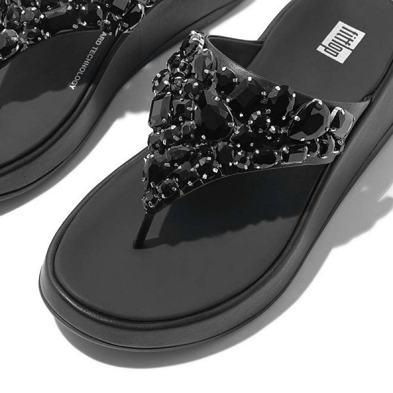 Women's FitFlop F-Mode Jewel Deluxe Leather Flatform Toe-Post Sandals Black | 634SMCDWH