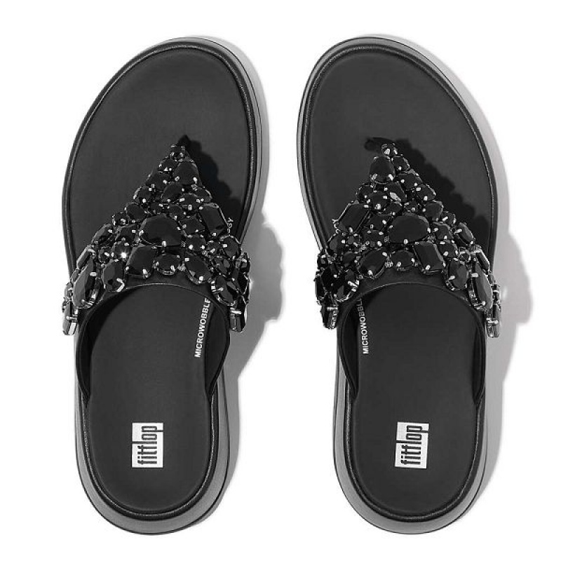 Women's FitFlop F-Mode Jewel Deluxe Leather Flatform Toe-Post Sandals Black | 634SMCDWH