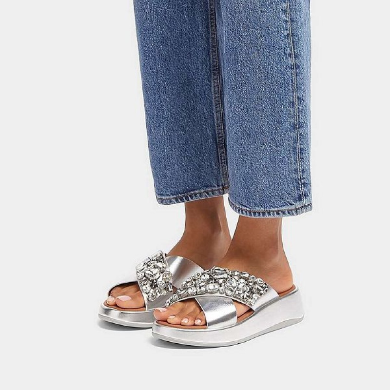 Women's FitFlop F-Mode Jewel Deluxe Metallic Leather Flatform Cross Slides Silver | 861TGIQLY