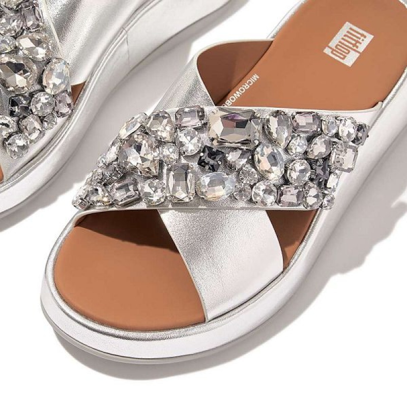 Women's FitFlop F-Mode Jewel Deluxe Metallic Leather Flatform Cross Slides Silver | 861TGIQLY