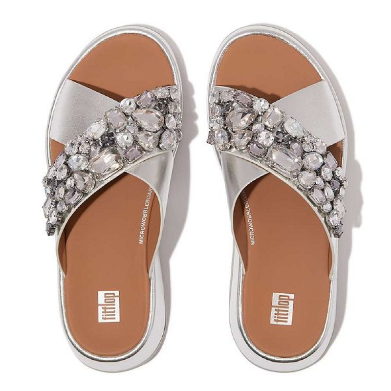 Women's FitFlop F-Mode Jewel Deluxe Metallic Leather Flatform Cross Slides Silver | 861TGIQLY