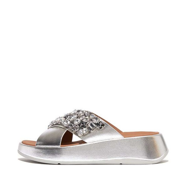 Women\'s FitFlop F-Mode Jewel Deluxe Metallic Leather Flatform Cross Slides Silver | 861TGIQLY