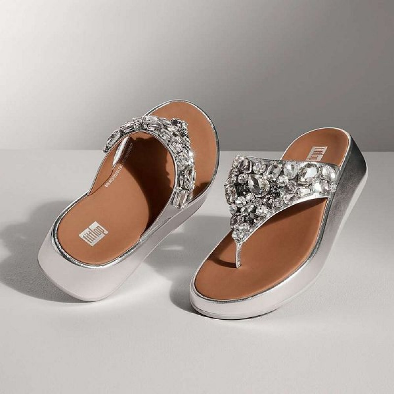 Women's FitFlop F-Mode Jewel Deluxe Metallic Leather Flatform Toe-Post Sandals Silver | 849MKBQFL