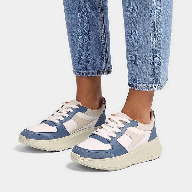 Women's FitFlop F-Mode Leather-Mix Flatform Sneakers Blue | 216EJOYCV