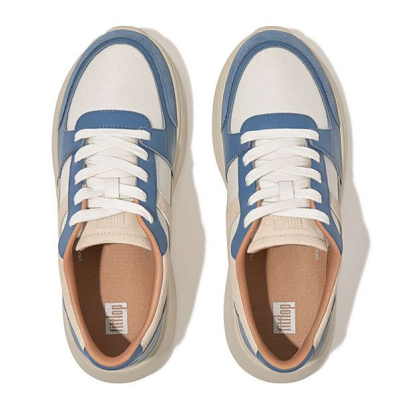 Women's FitFlop F-Mode Leather-Mix Flatform Sneakers Blue | 216EJOYCV