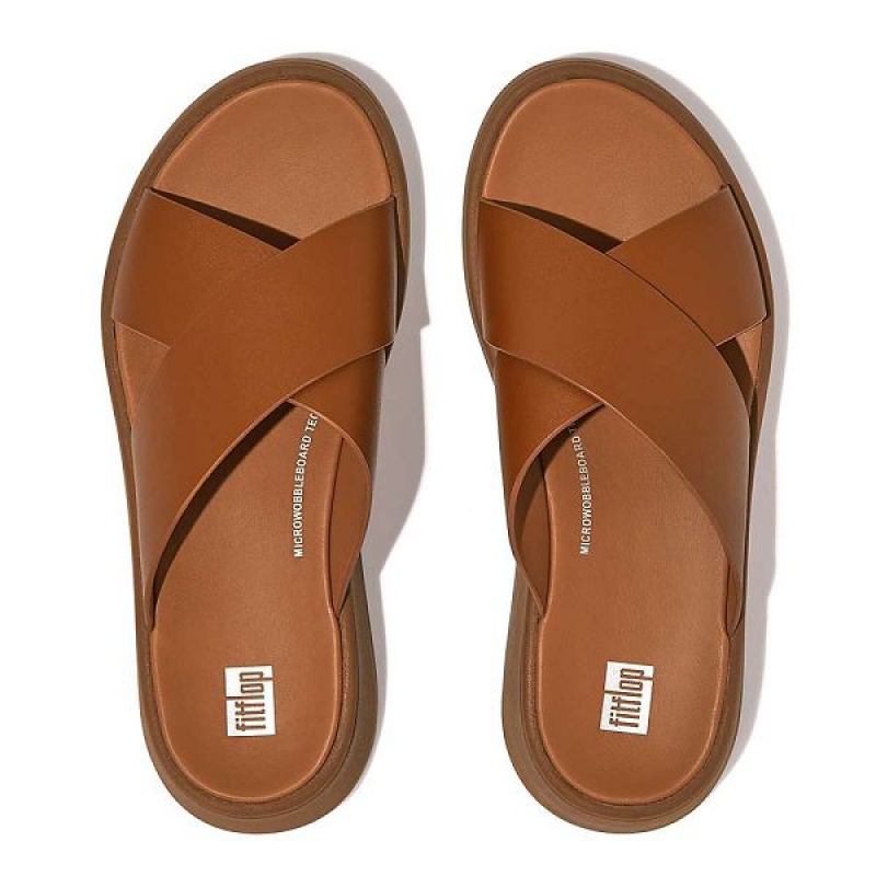 Women's FitFlop F-Mode Leather Flatform Cross Slides Light Brown | 402MLKRFP