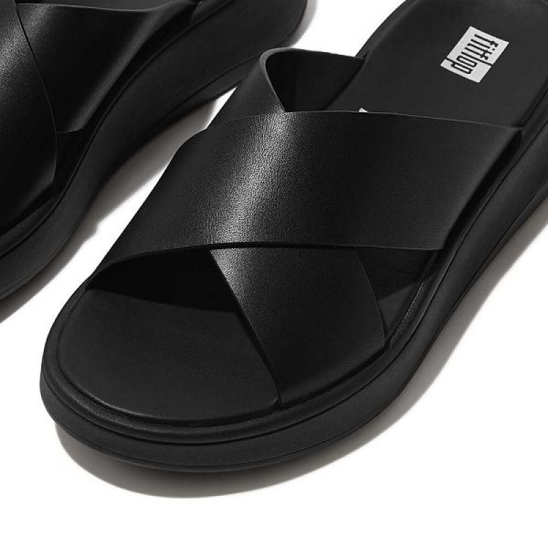 Women's FitFlop F-Mode Leather Flatform Cross Slides Black | 543AXBKGN