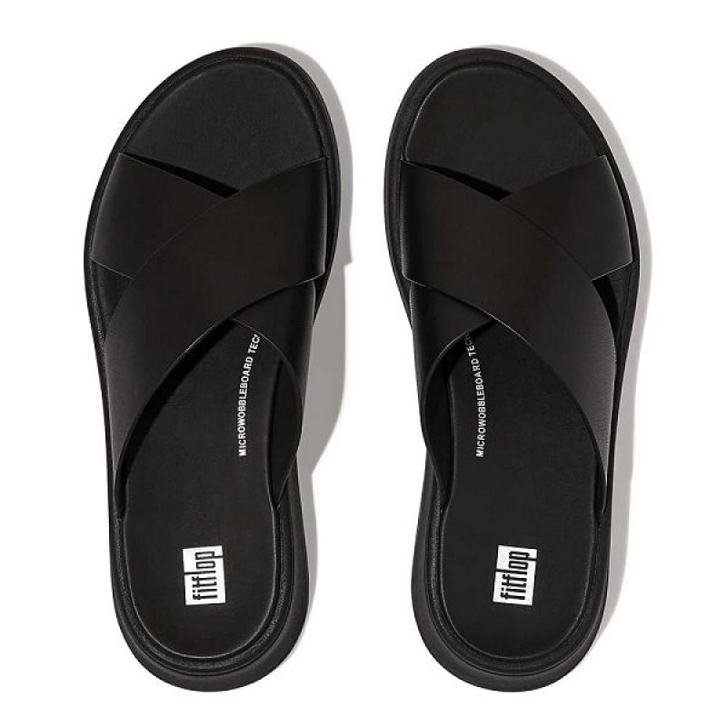 Women's FitFlop F-Mode Leather Flatform Cross Slides Black | 543AXBKGN