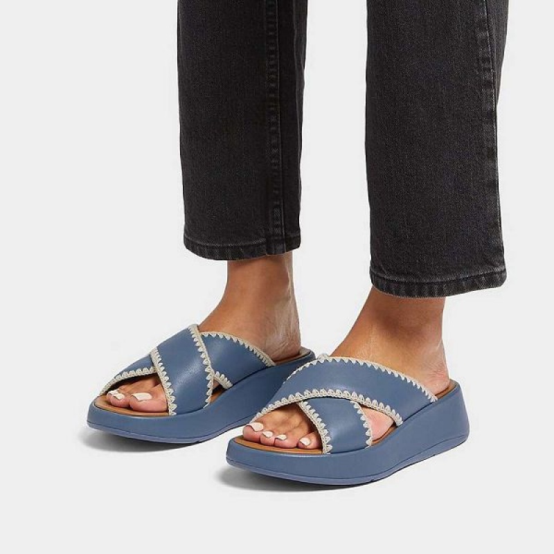 Women's FitFlop F-Mode Leather Flatform Cross Slides Blue | 795LIFBQE