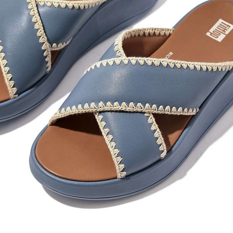 Women's FitFlop F-Mode Leather Flatform Cross Slides Blue | 795LIFBQE