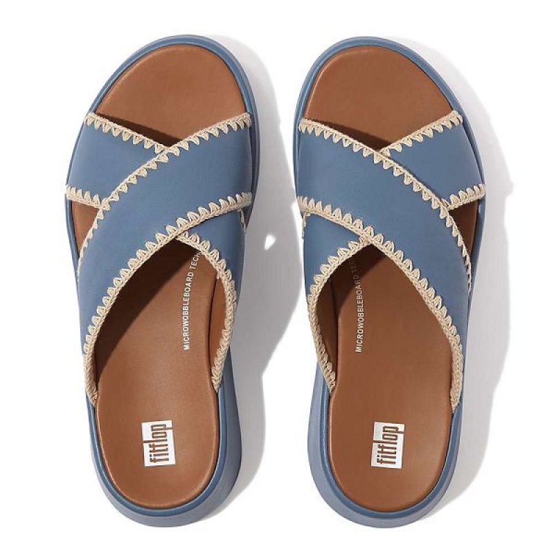 Women's FitFlop F-Mode Leather Flatform Cross Slides Blue | 795LIFBQE