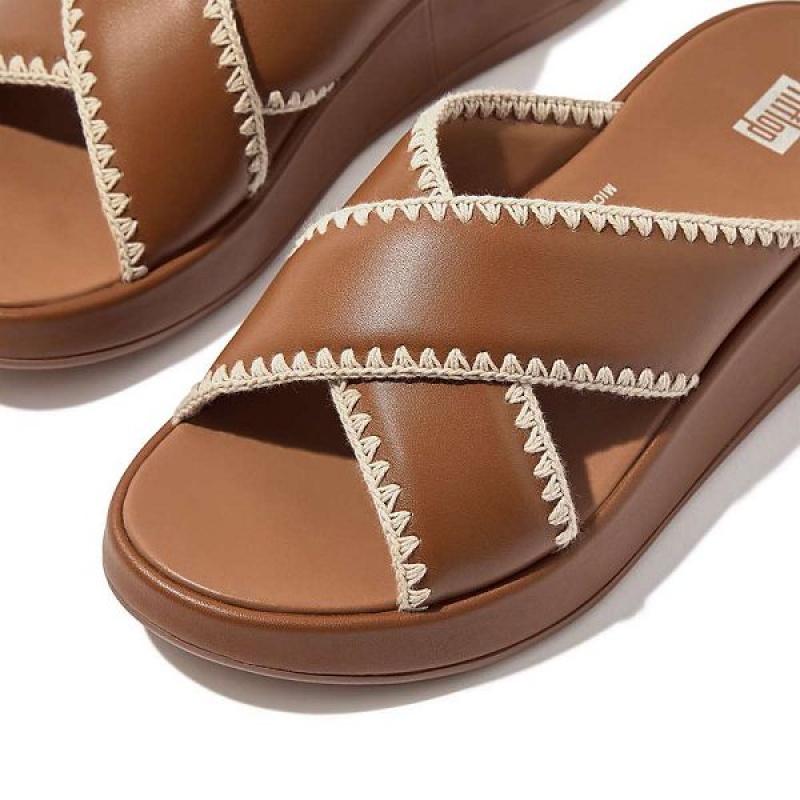 Women's FitFlop F-Mode Leather Flatform Cross Slides Light Brown | 951NYJAEF