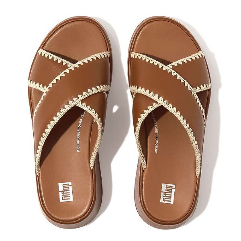 Women's FitFlop F-Mode Leather Flatform Cross Slides Light Brown | 951NYJAEF