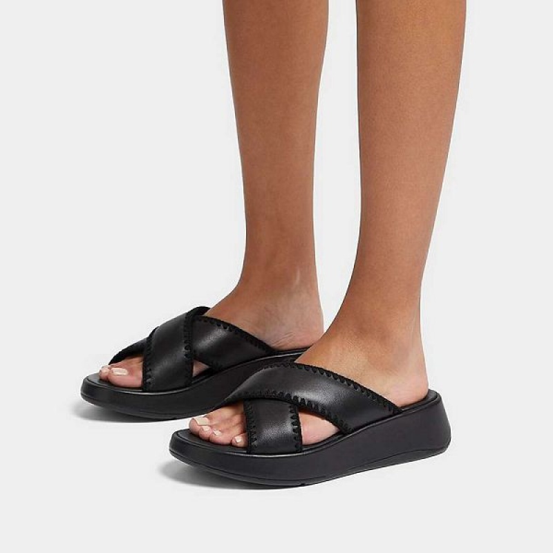 Women's FitFlop F-Mode Leather Flatform Cross Slides Black | 314KXCWFG