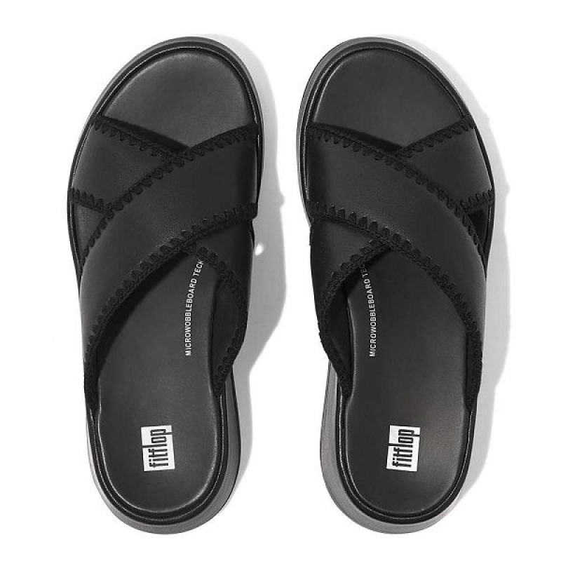 Women's FitFlop F-Mode Leather Flatform Cross Slides Black | 314KXCWFG