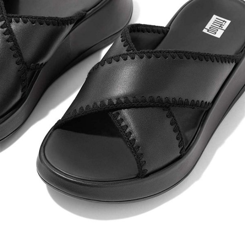 Women's FitFlop F-Mode Leather Flatform Cross Slides Black | 314KXCWFG