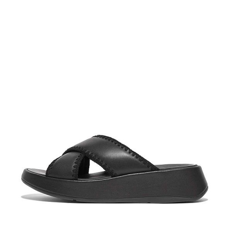 Women\'s FitFlop F-Mode Leather Flatform Cross Slides Black | 314KXCWFG