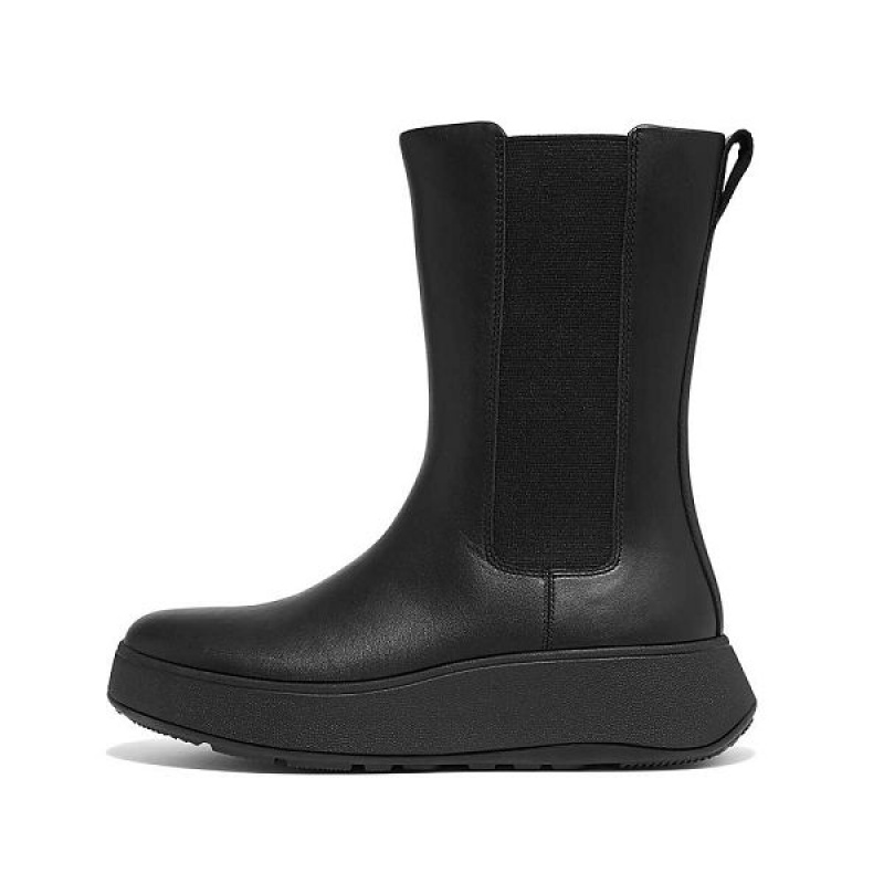 Women\'s FitFlop F-Mode Leather Flatform High Chelsea Boots Black | 653KYSCDQ