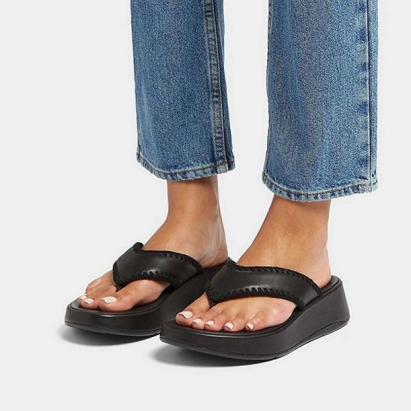 Women's FitFlop F-Mode Leather Flatform Toe-Post Sandals Black | 298VOTPBS