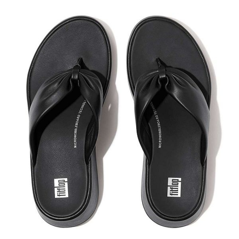 Women's FitFlop F-Mode Leather Twist Flatform Toe-Post Sandals Black | 496GXRFUQ