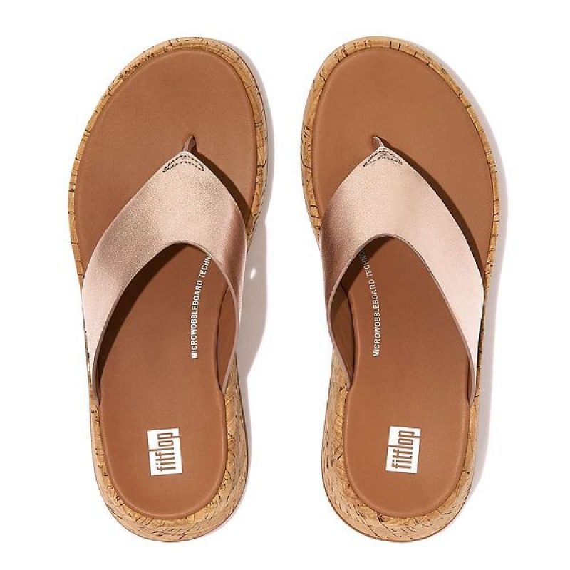 Women's FitFlop F-Mode Metallic Leather Cork Flatform Toe-Post Sandals Rose Gold | 254XPNJAI