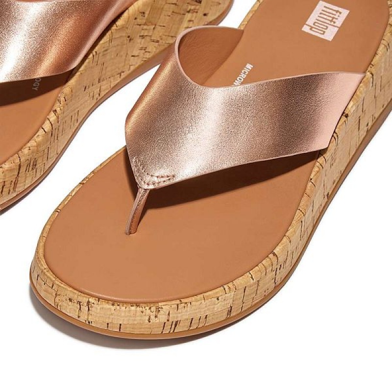 Women's FitFlop F-Mode Metallic Leather Cork Flatform Toe-Post Sandals Rose Gold | 254XPNJAI