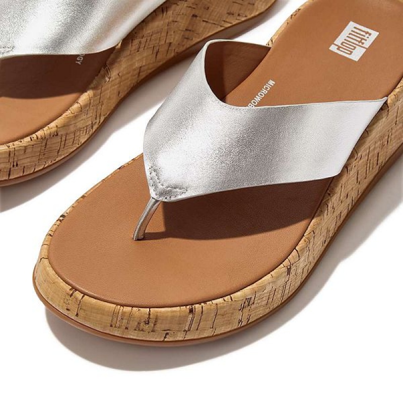 Women's FitFlop F-Mode Metallic Leather Cork Flatform Toe-Post Sandals Silver | 971XNITEB