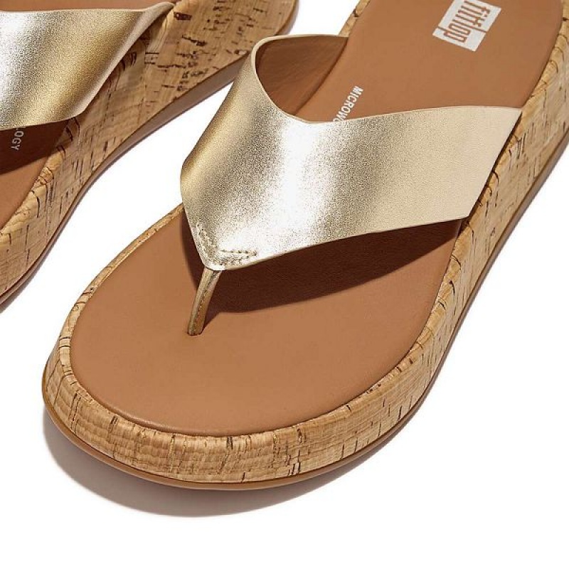 Women's FitFlop F-Mode Metallic Leather Cork Flatform Toe-Post Sandals Brown / Gold | 921GFMVSZ