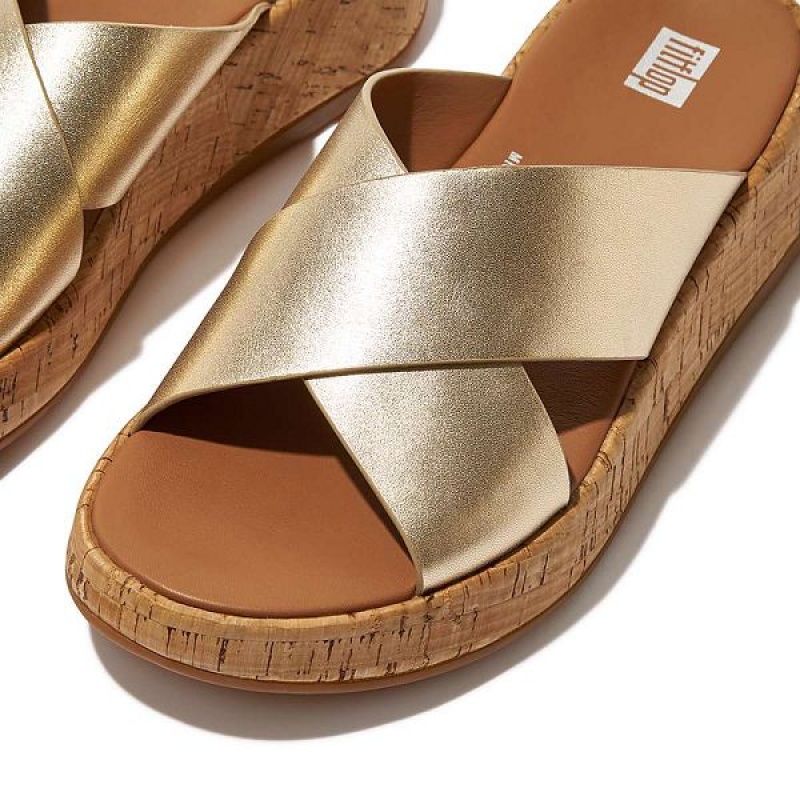 Women's FitFlop F-Mode Metallic Leather Cork Flatform Cross Slides Brown / Gold | 023KWCPZM