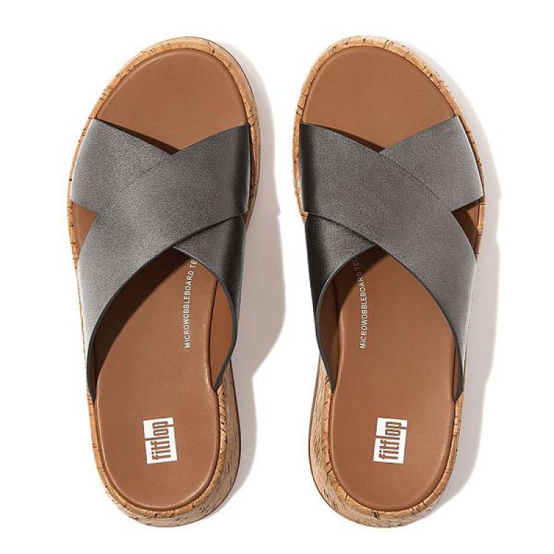 Women's FitFlop F-Mode Metallic Leather Cork Flatform Cross Slides Blue / Grey | 946MYKLNI