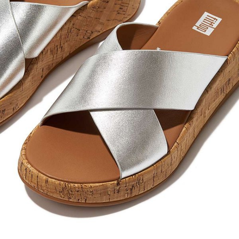 Women's FitFlop F-Mode Metallic Leather Cork Flatform Cross Slides Silver | 837BVPUZF