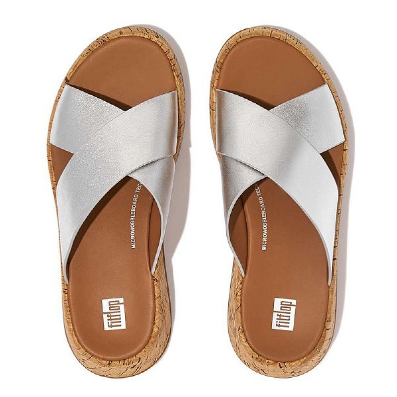 Women's FitFlop F-Mode Metallic Leather Cork Flatform Cross Slides Silver | 837BVPUZF