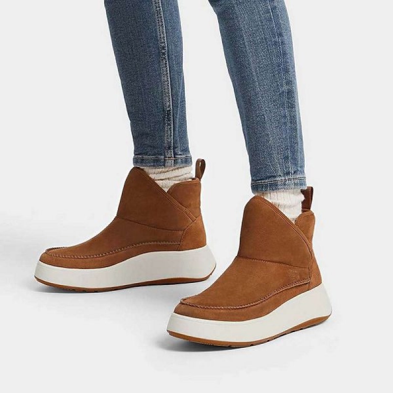 Women's FitFlop F-Mode Nubuck-Mix Flatform Bootie Sneakers Light Brown | 357MPBHIE