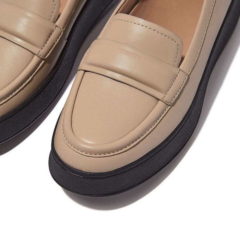 Women's FitFlop F-Mode Padded Detail Leather Flatform Loafers Loafers Beige / Black | 419JVKAPB