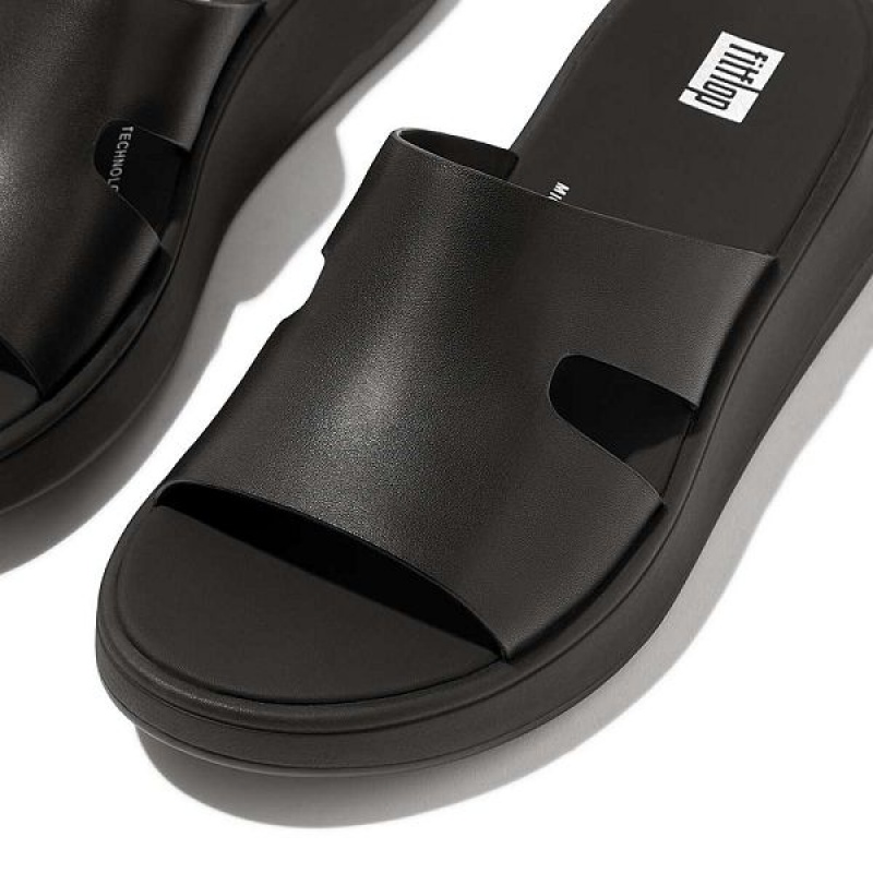 Women's FitFlop F-Mode Raw Edge Leather Flatform H Bar Slides Black | 089EZWTNS