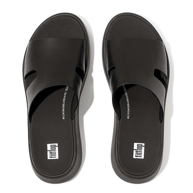 Women's FitFlop F-Mode Raw Edge Leather Flatform H Bar Slides Black | 089EZWTNS